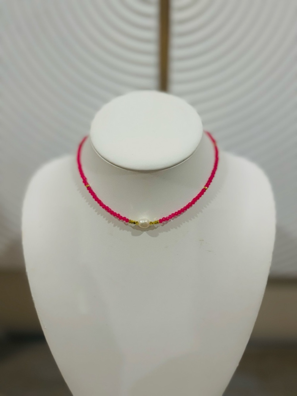 Pink Beaded Pearl Accent Choker Necklace